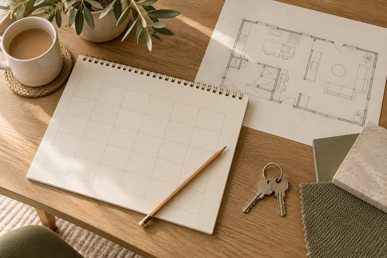 Blank planner, pencil and unlabelled room sketch on an oak table