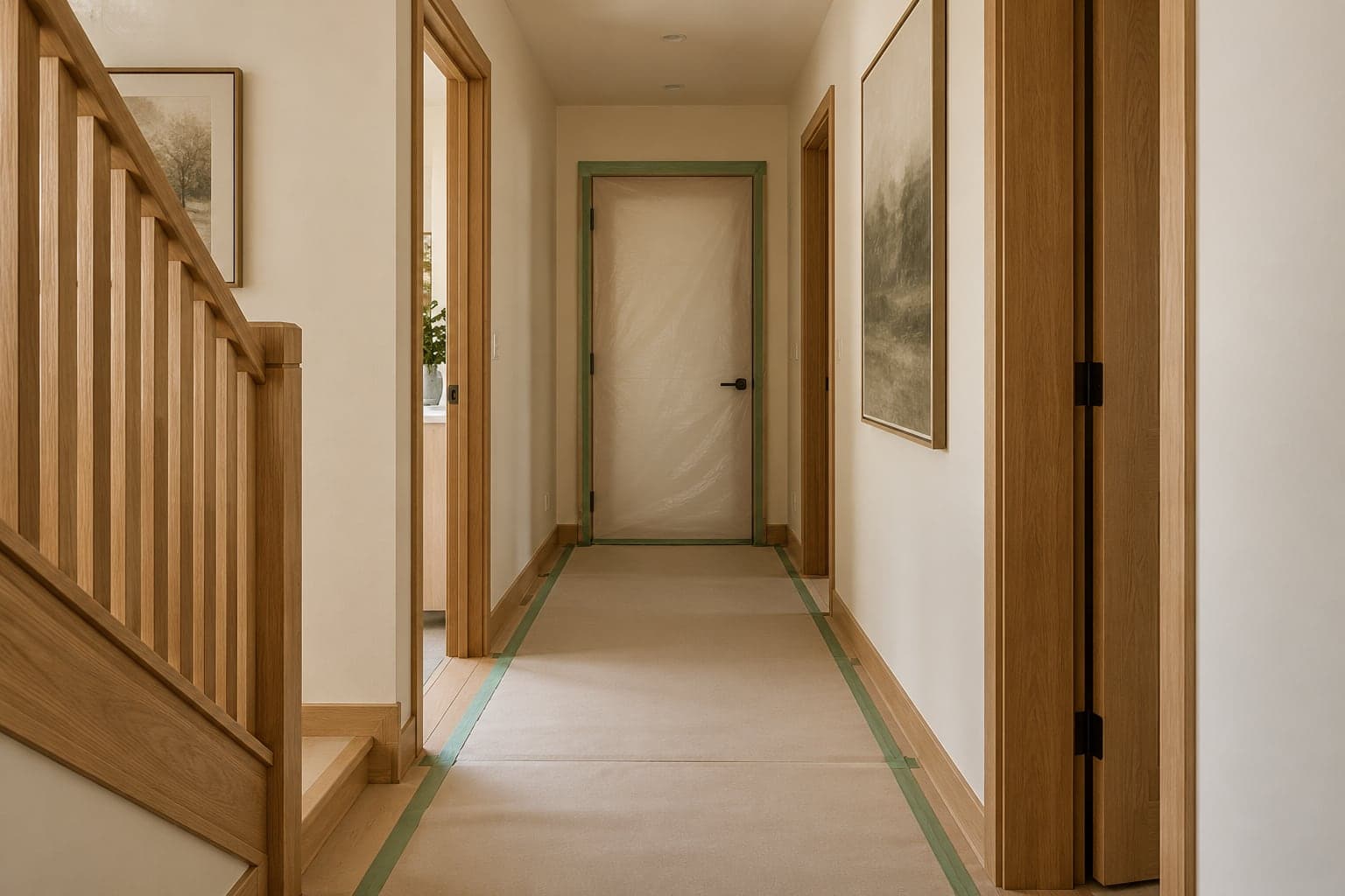 Clear hallway with secured floor protection and a closed work-area door