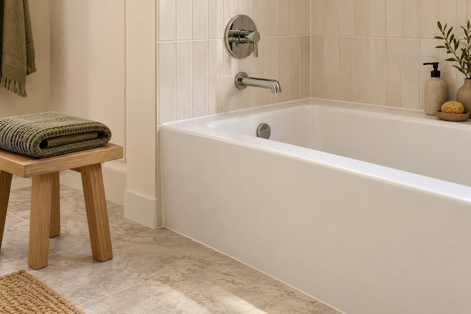 White bathtub edge meeting cream wall tile with chrome fittings and an oak stool nearby