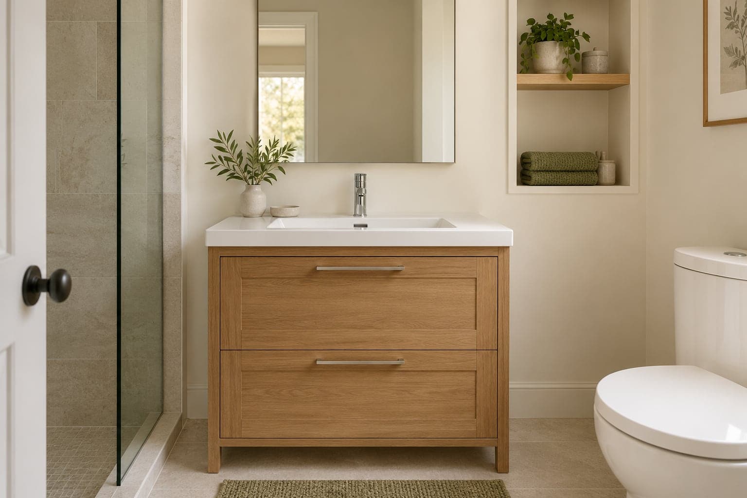 Compact oak vanity with a white basin, chrome tap and shelving holding olive towels