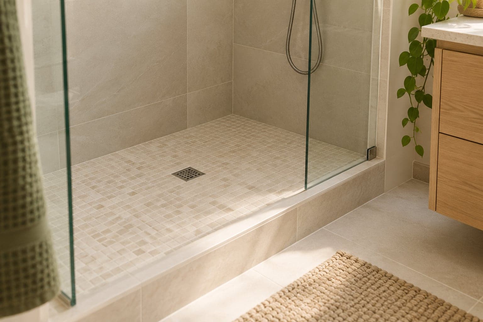 Pale mosaic shower floor with square drain, low curb and glass enclosure