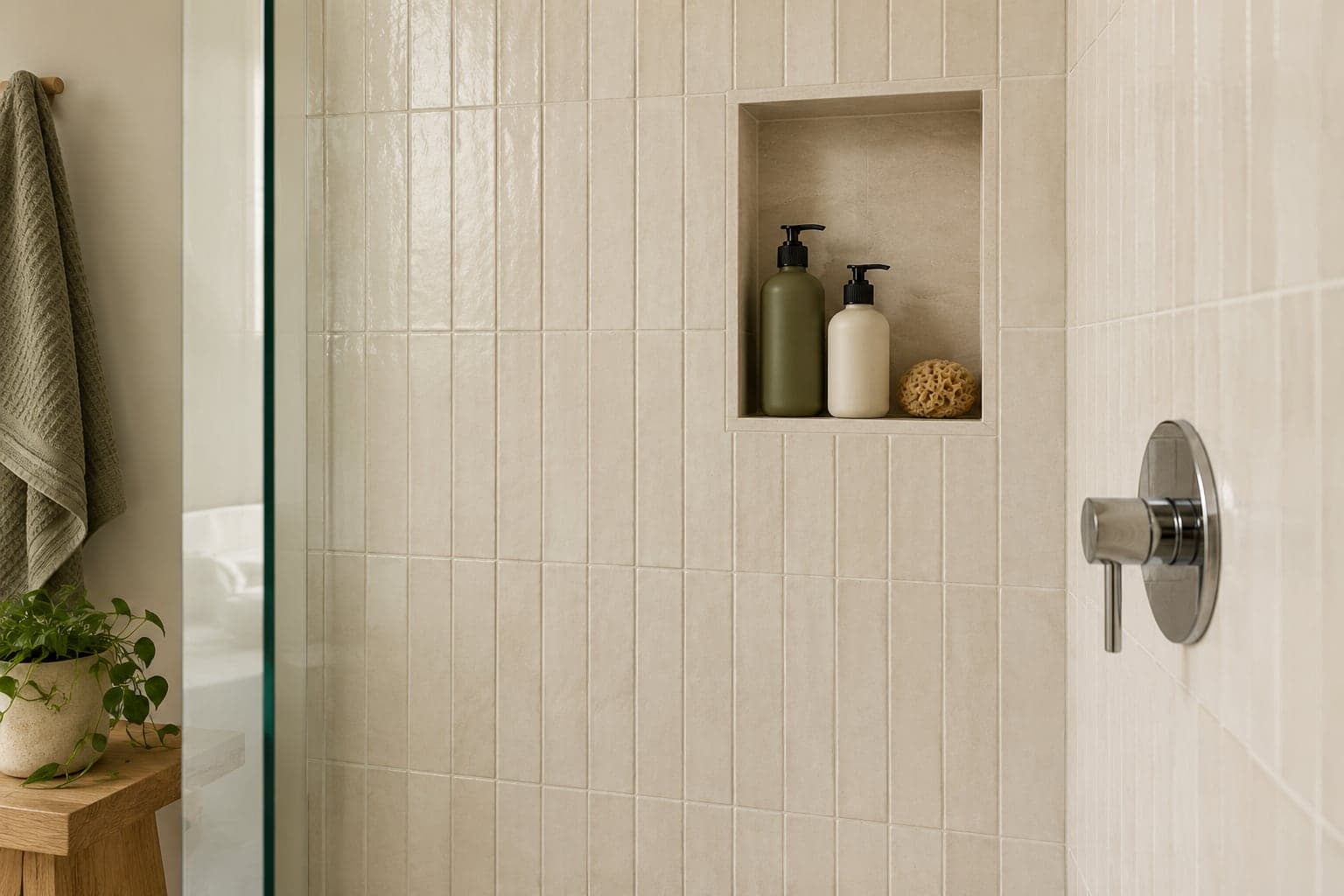 Recessed shower shelf with two plain bottles above chrome shower controls