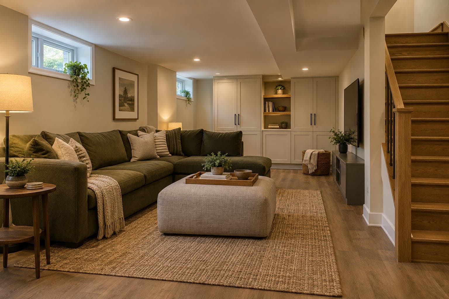 Finished basement with a small high window and a sectional sofa