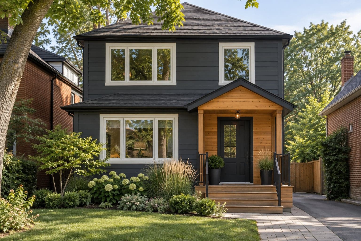 Two-storey house with charcoal siding and timber porch details