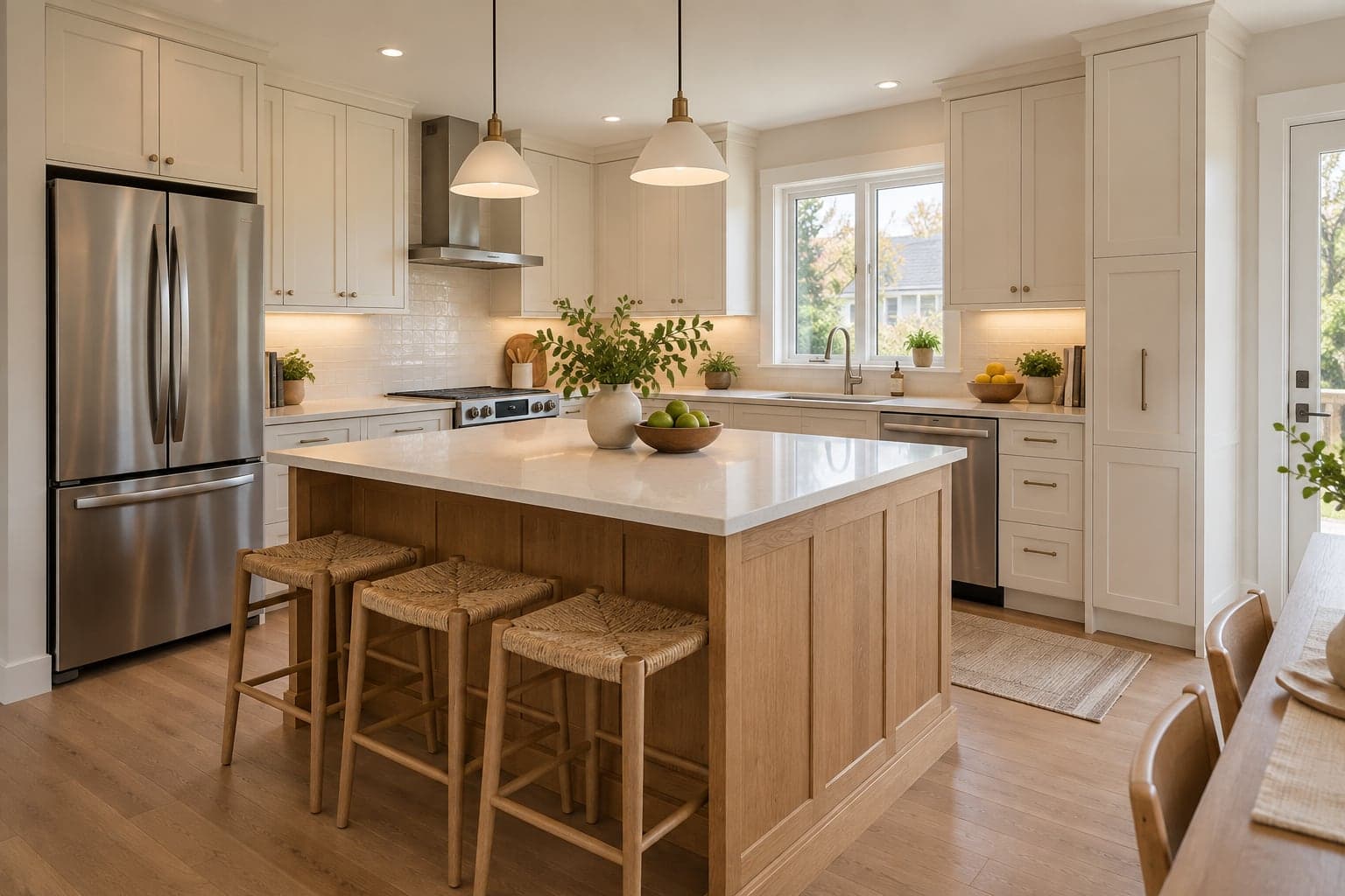 Kitchen with off-white cabinets, oak island and pale counters