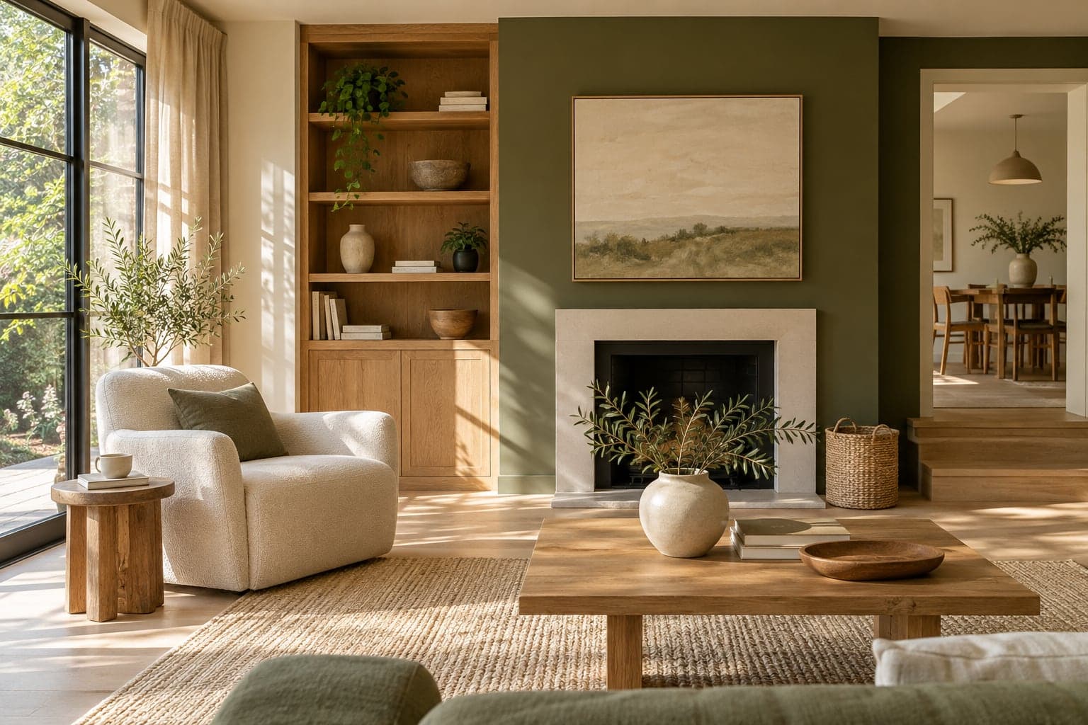 Sitting room with oak shelving, light flooring and an olive accent wall