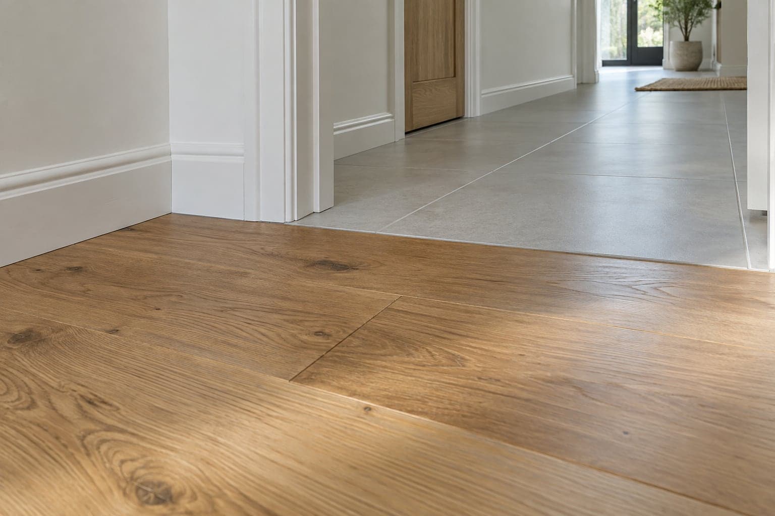 Oak floorboards meeting pale tile at a doorway