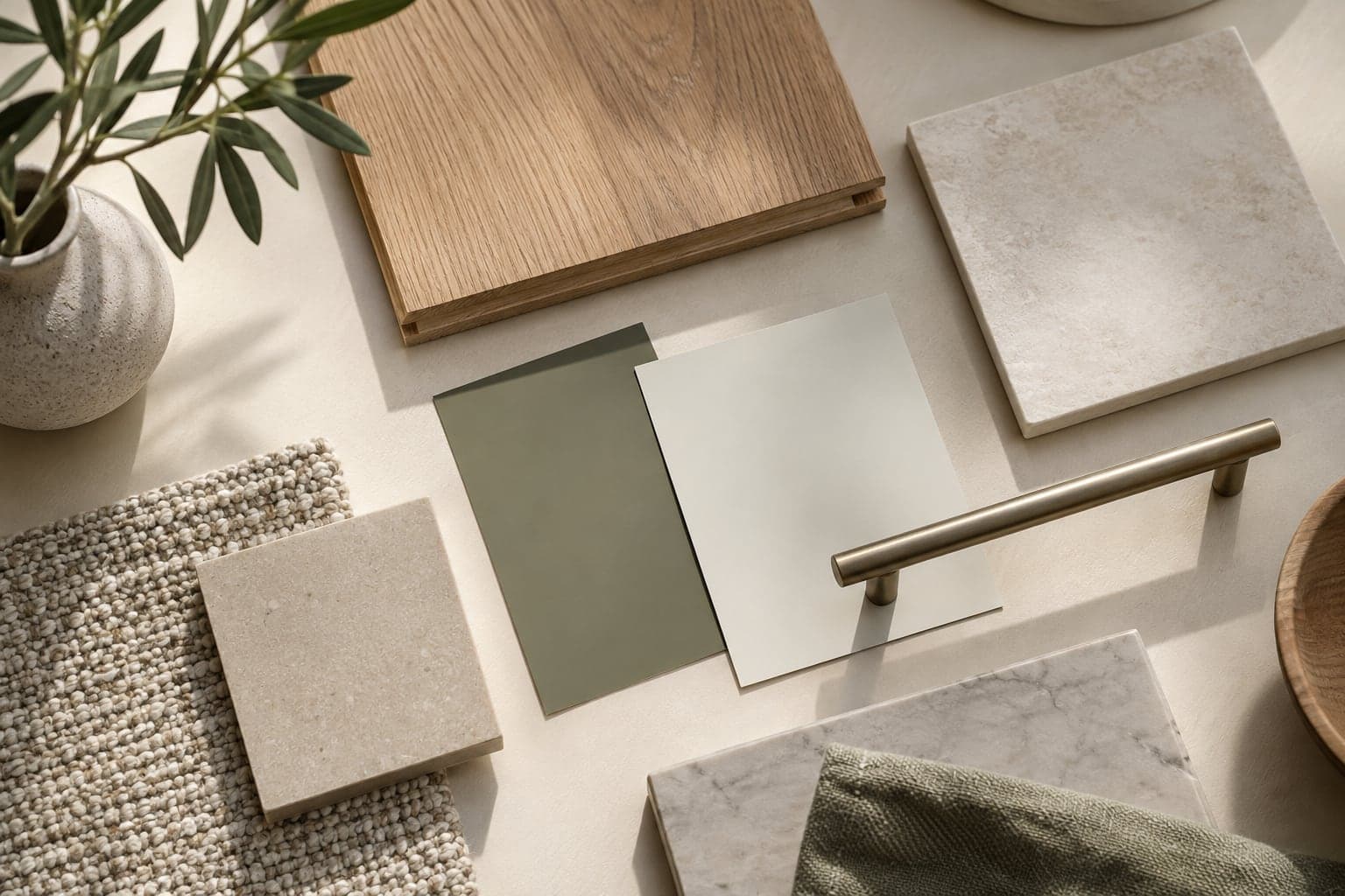 Oak, tile, paint and metal samples for a renovation