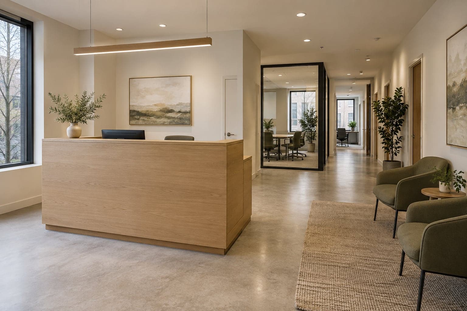 Small business reception with oak counter and muted green seating