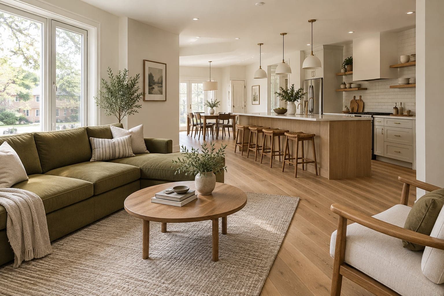 Open living room and kitchen with oak flooring and olive seating