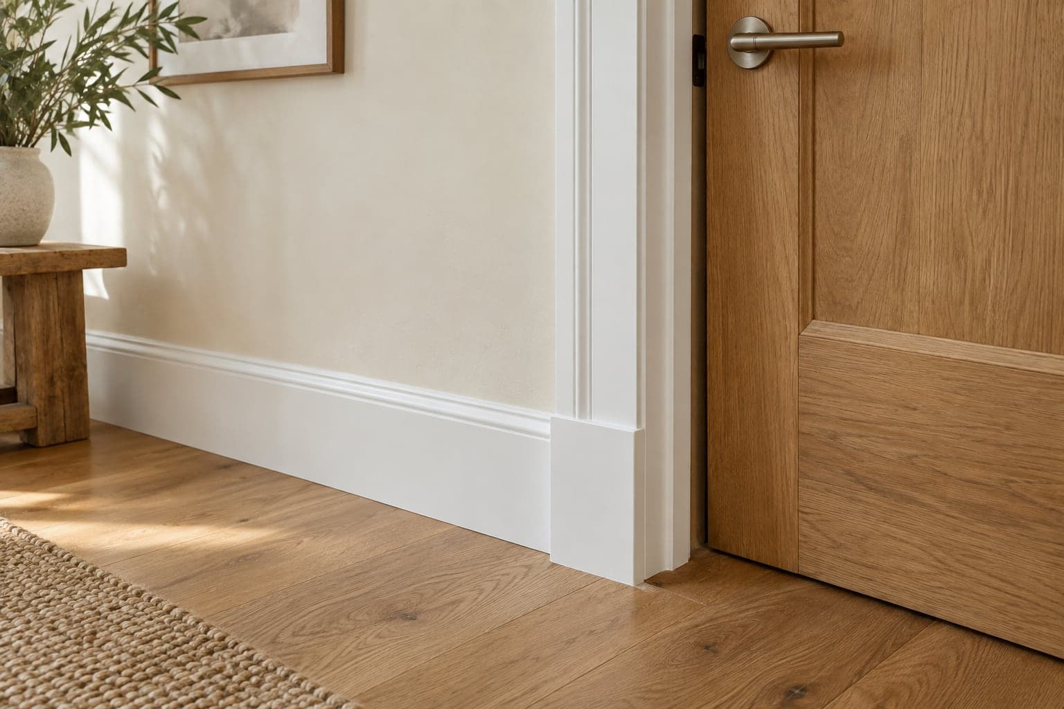 Painted door trim meeting an oak floor