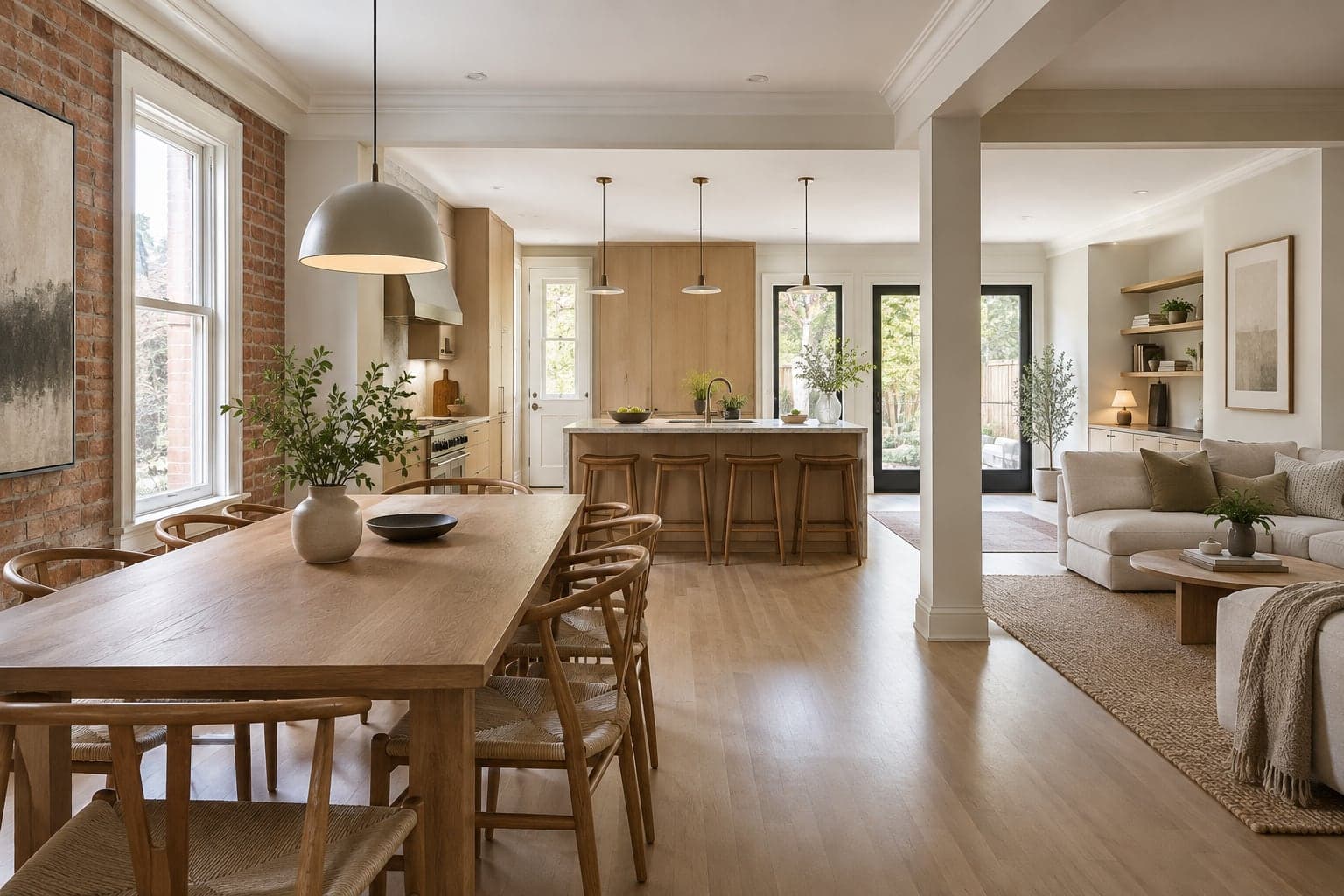 Dining area with retained moulding and new oak cabinetry