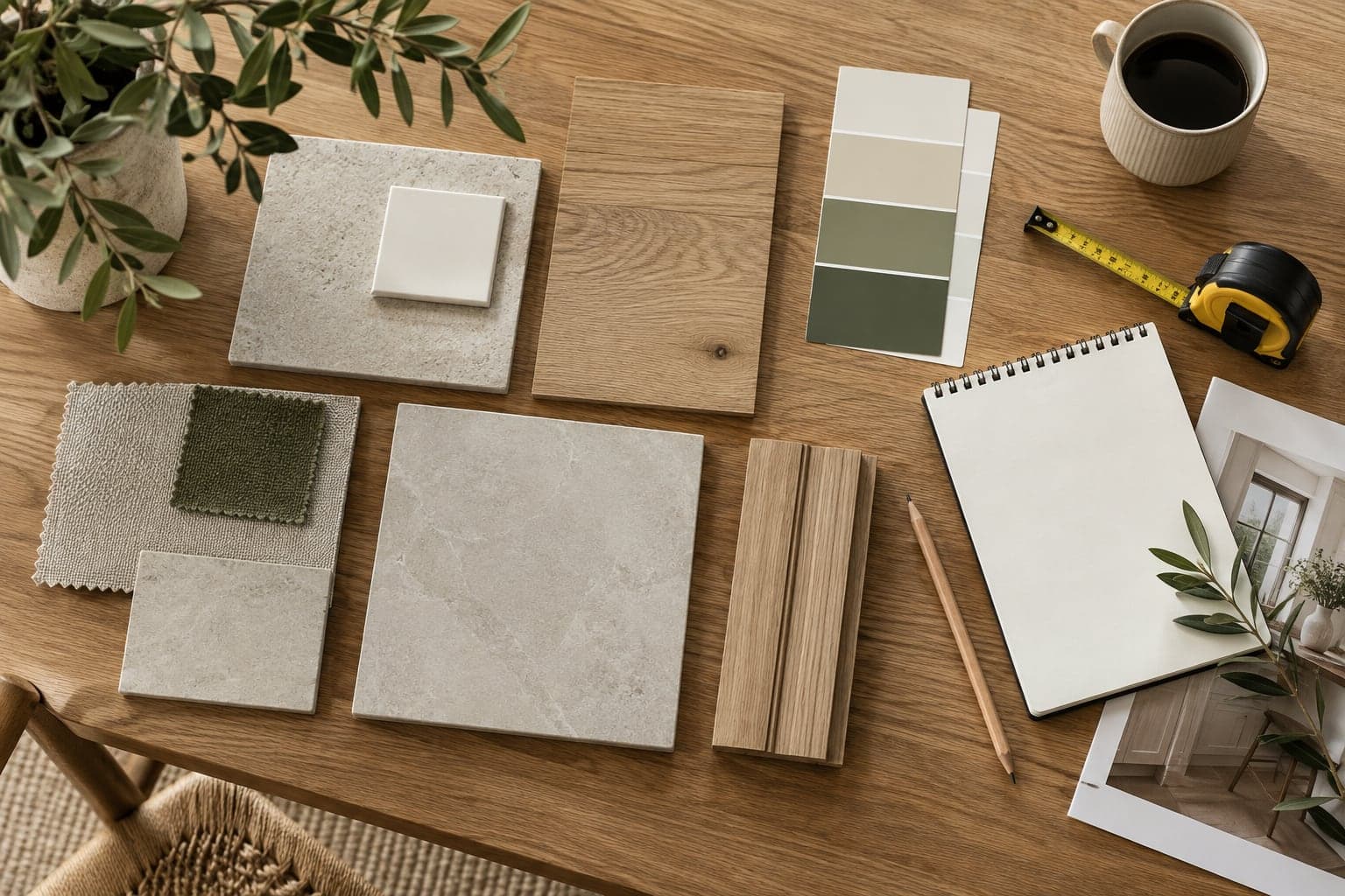 Renovation plans and material samples on a table