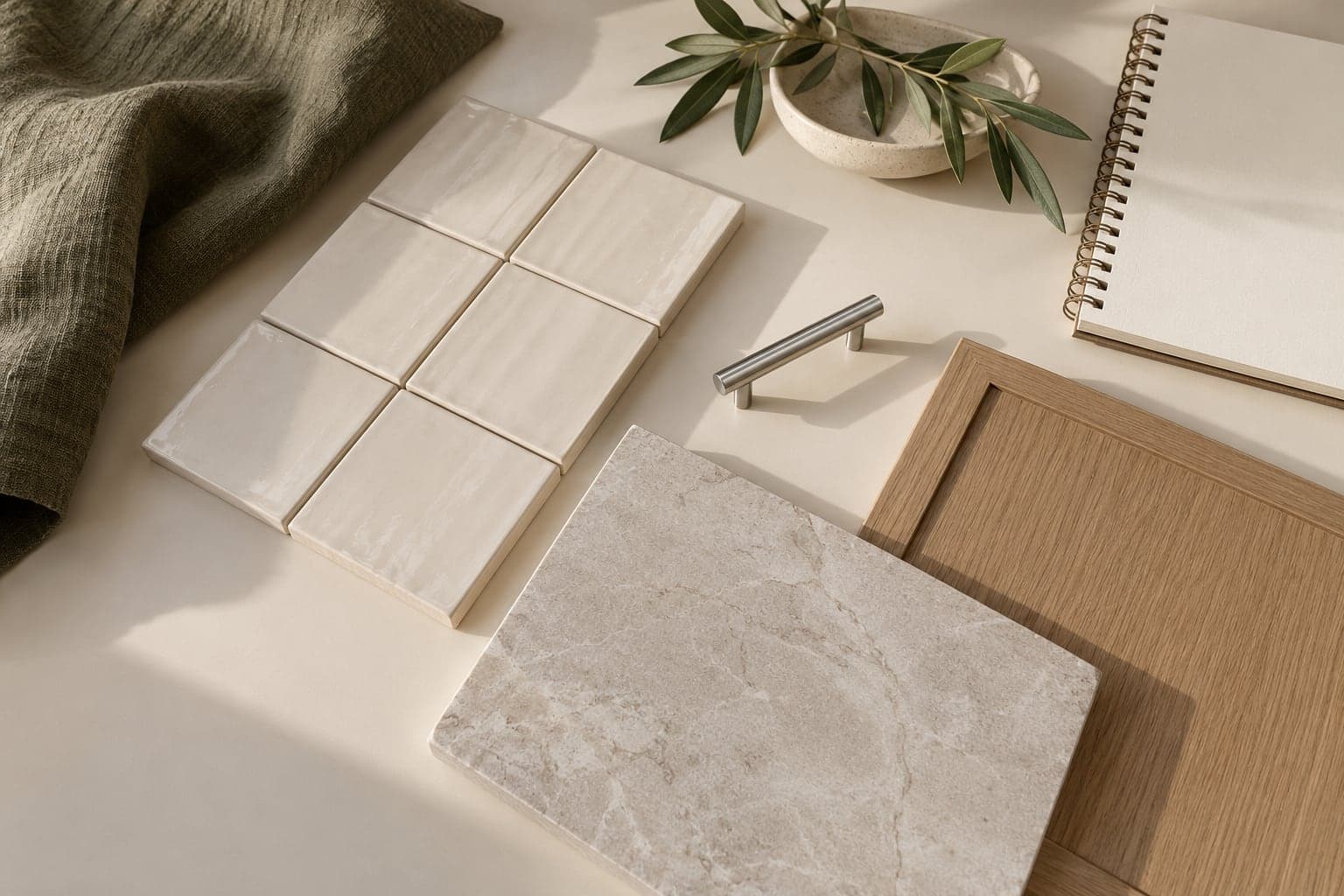 Bathroom product selections Cream wall tile, floor tile and chrome fitting sample beside an oak cabinet sample