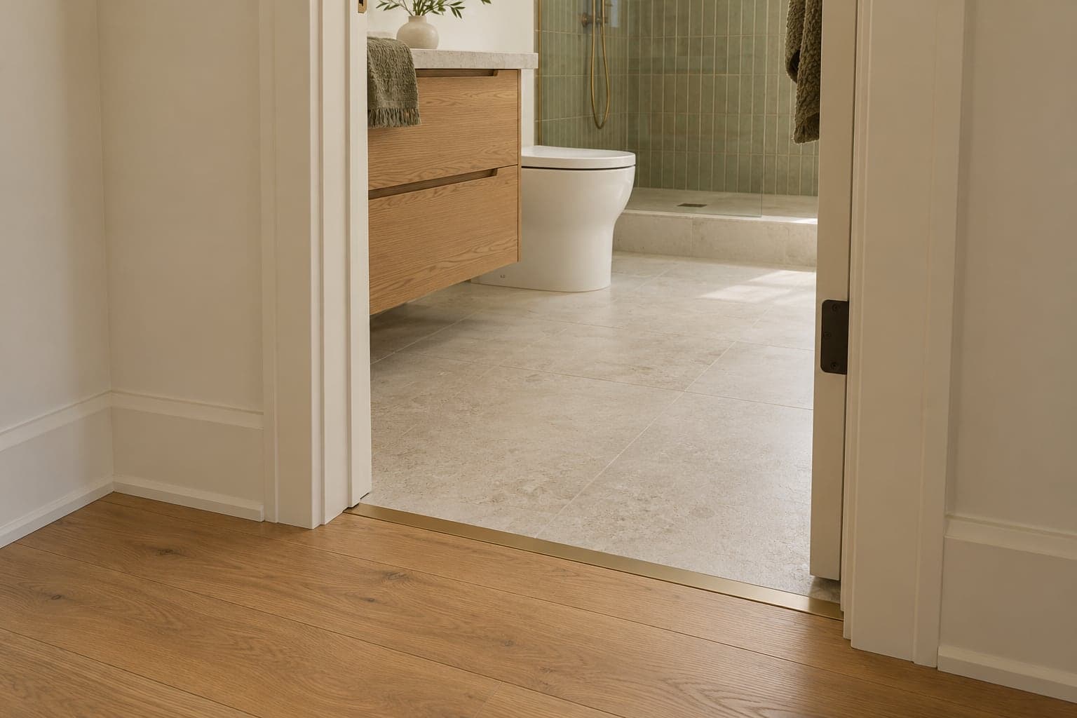 Bathroom finishing details Pale bathroom floor tile meeting an oak hallway floor at a finished doorway