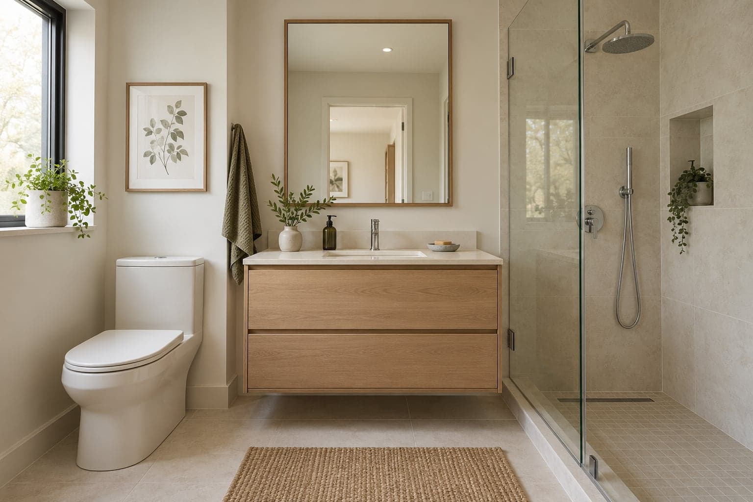 Oak vanity and glass shower in a bathroom with cream wall and floor tile