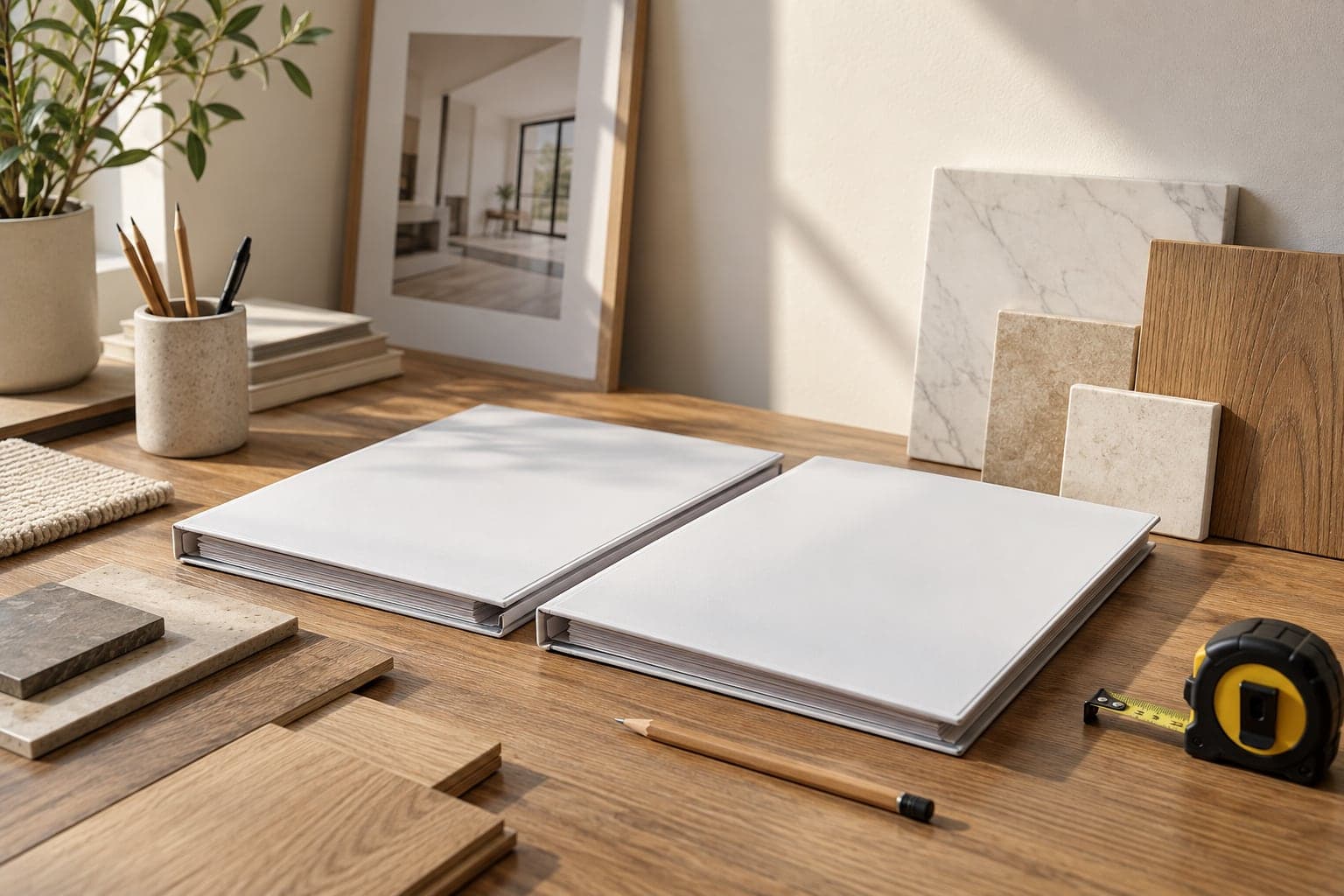 Two quote folders, measuring tools and material samples on a desk