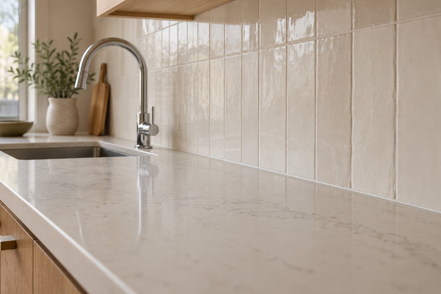 Countertop and backsplash junction Close view of cream backsplash tile meeting a pale countertop at a clean joint