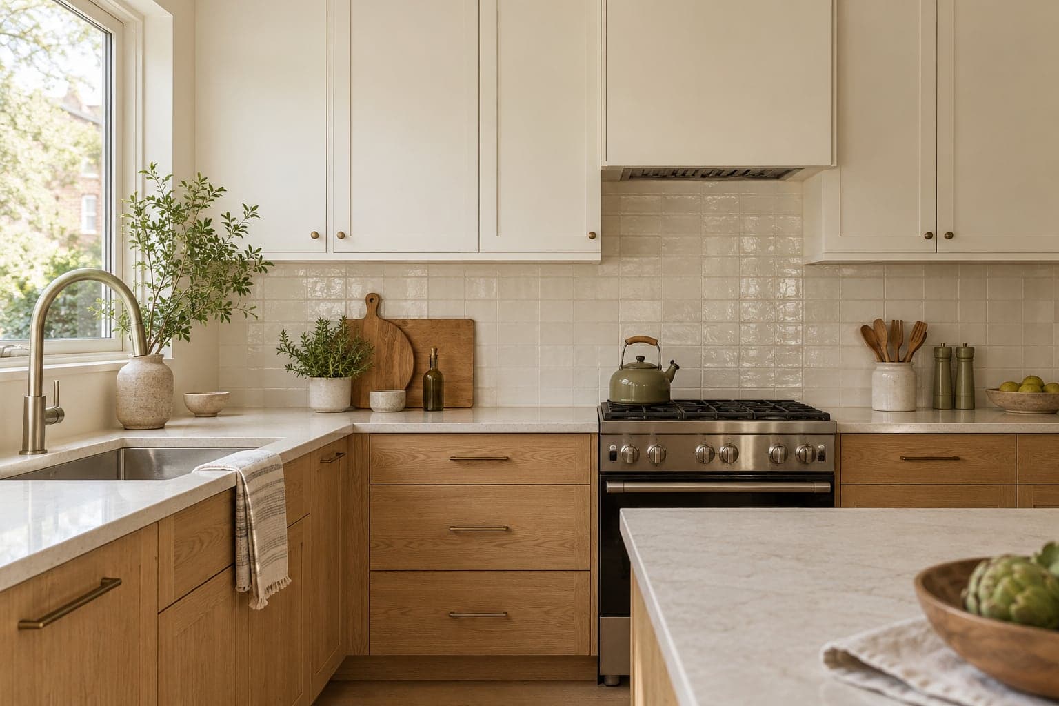 Cream tiled backsplash above oak cabinets and a pale countertop