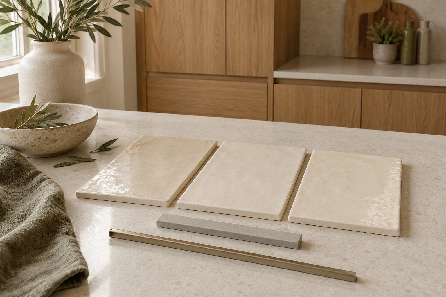 Backsplash tile and edge selection Cream rectangular tiles beside a slim metal trim on a pale worktop