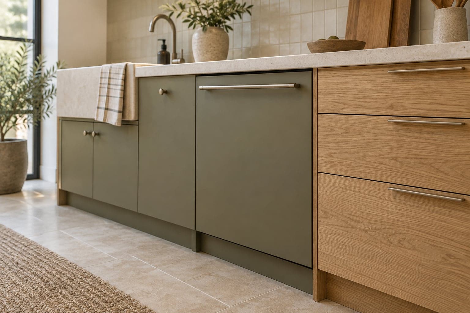 Appliance access and floor height Closed integrated dishwasher with a slim handle beside oak drawers
