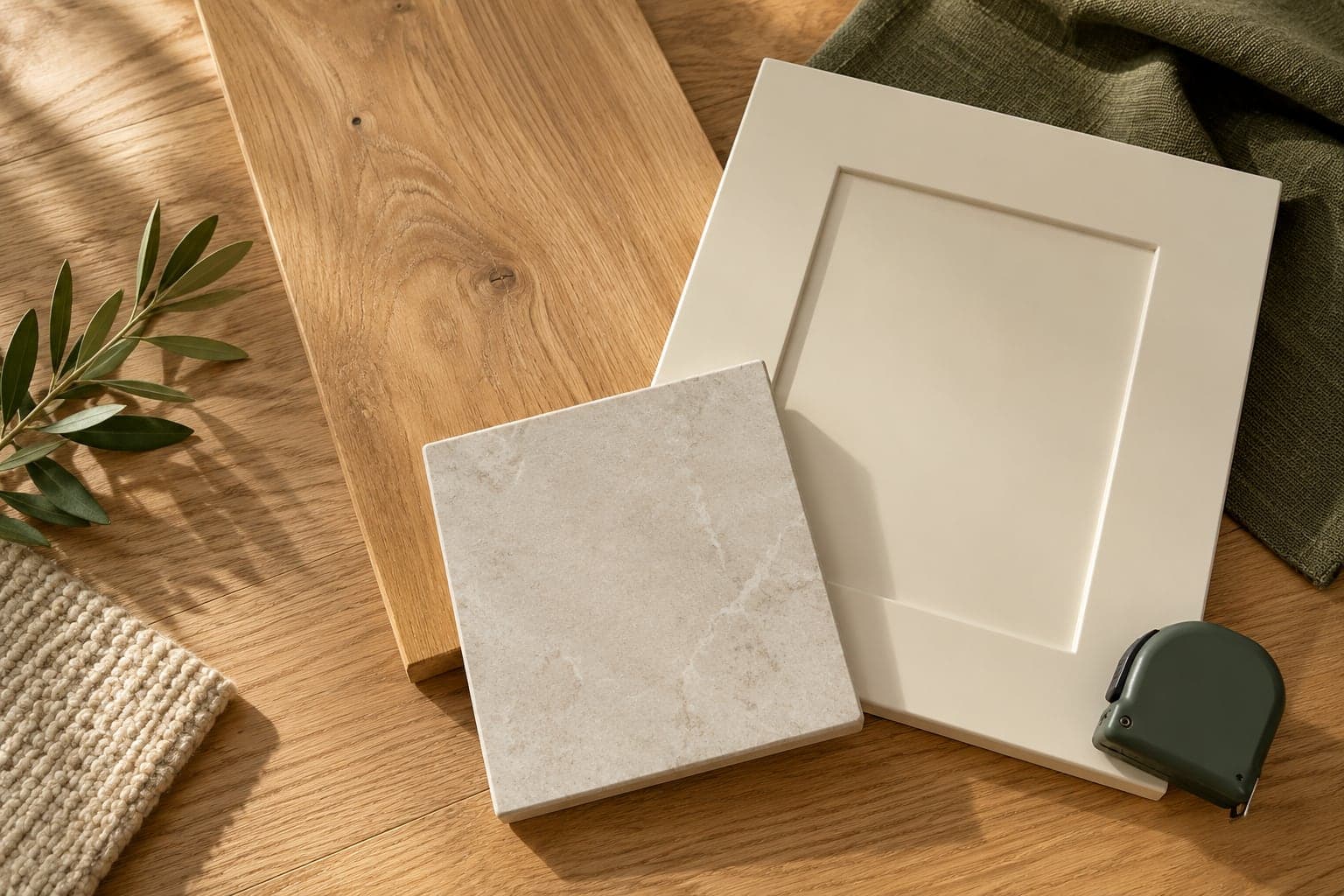 Flooring selection before installation Oak plank, pale tile and cream cabinet door samples on a workbench