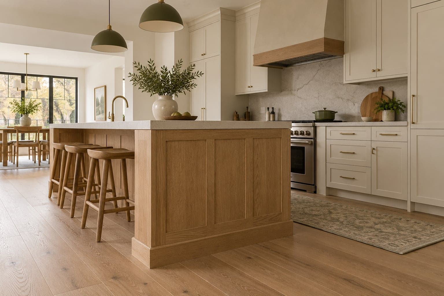 Cream base cabinets and oak floor in a compact kitchen viewed at floor level