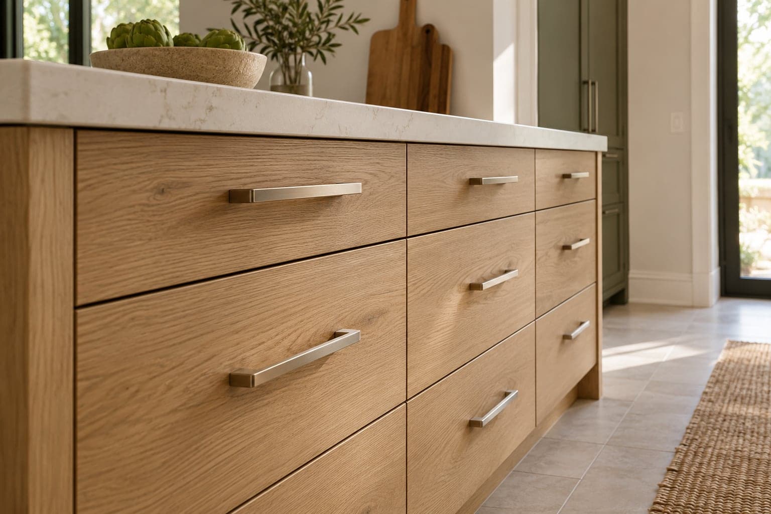 Cabinet specification and cost Oak drawer fronts with brushed metal handles beneath a pale countertop