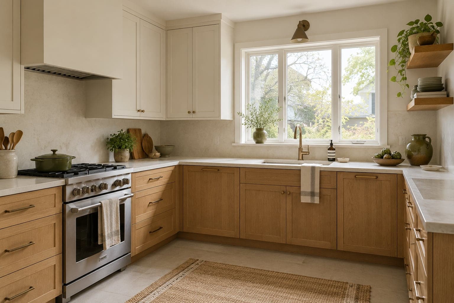 L-shaped cream kitchen with oak drawers, pale worktops and a window above the sink