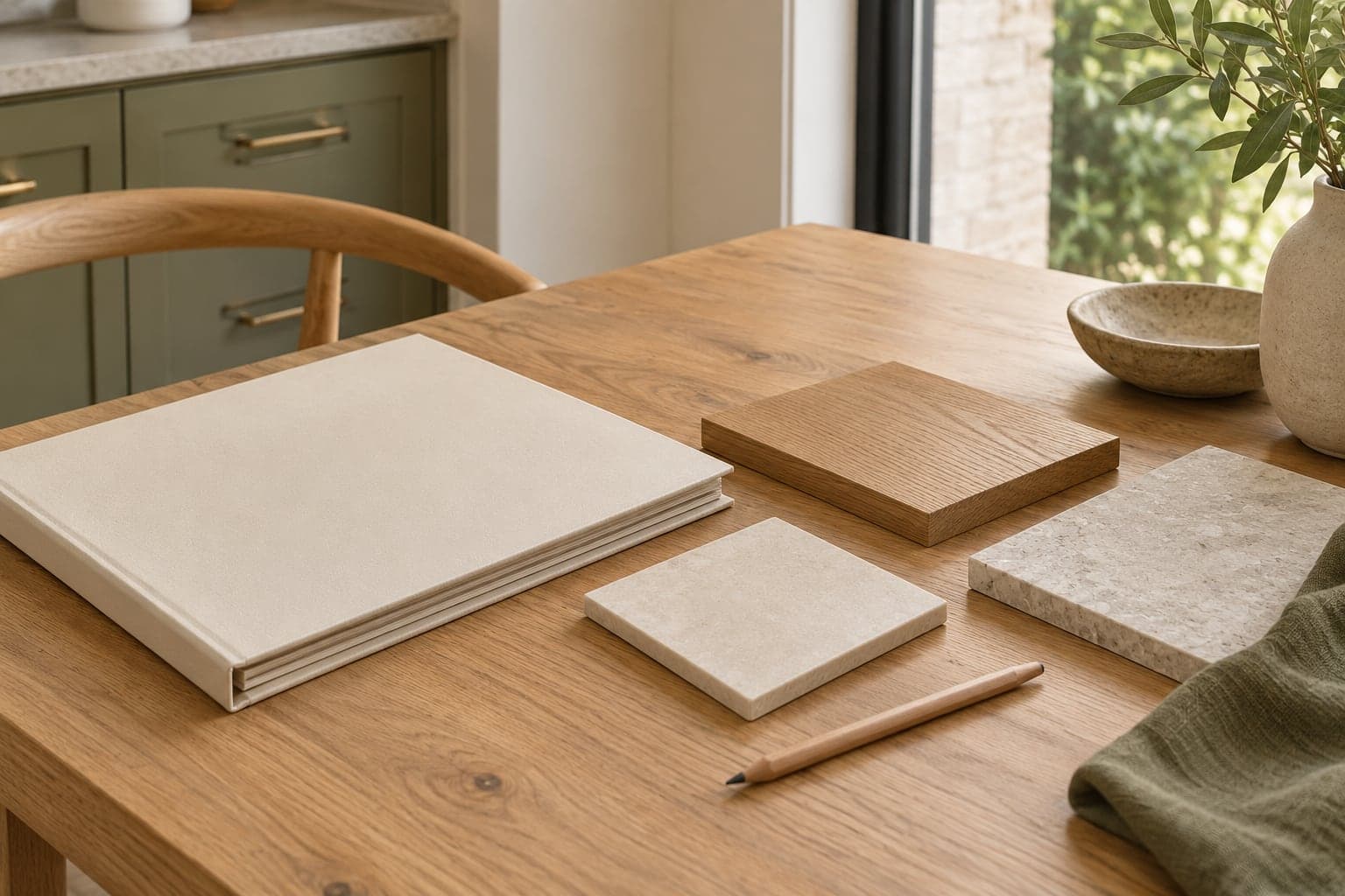 Kitchen scope and selections Blank folder, oak sample and pale tile arranged on a renovation planning table