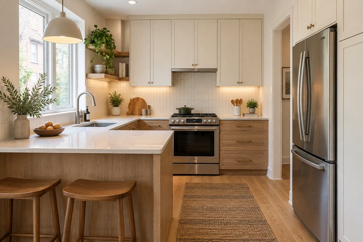 Compact kitchen with cream cabinets, oak drawers and a breakfast peninsula