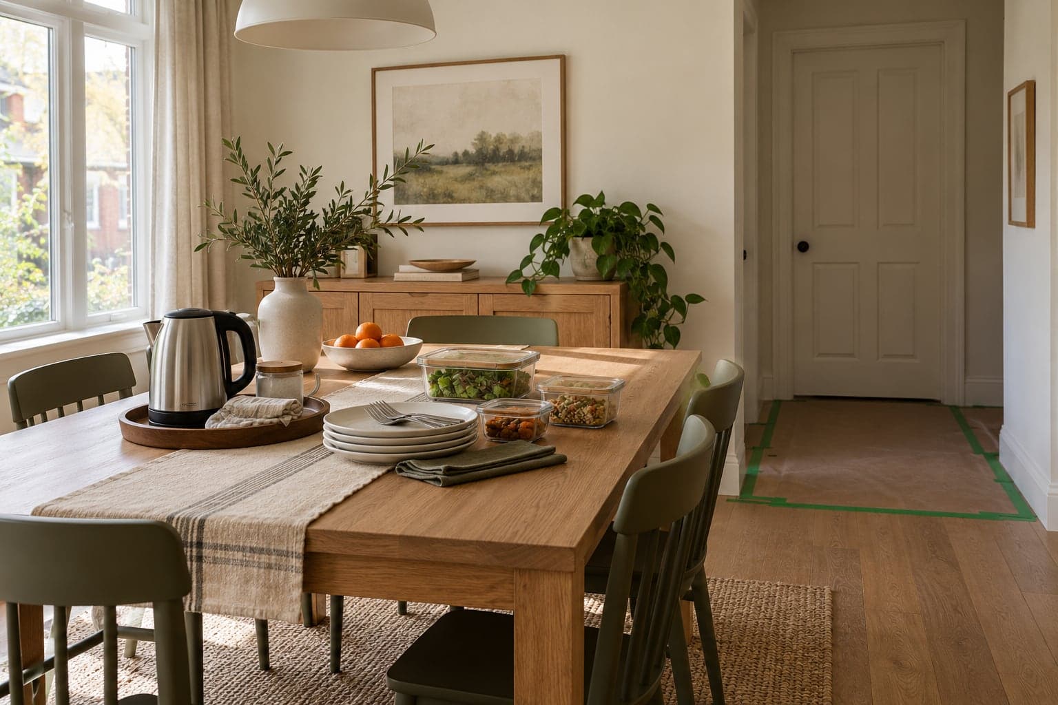 Oak dining table with a kettle and dishes beside a closed work-area door