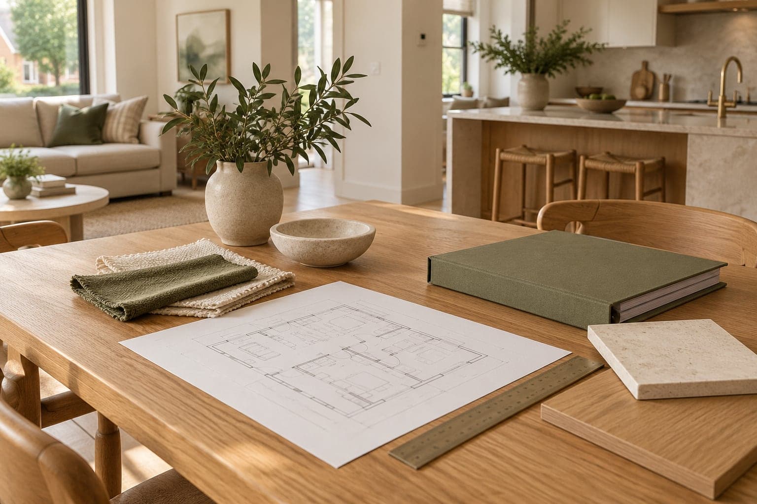 Unlabelled room drawings, ruler and material samples on a renovation planning desk