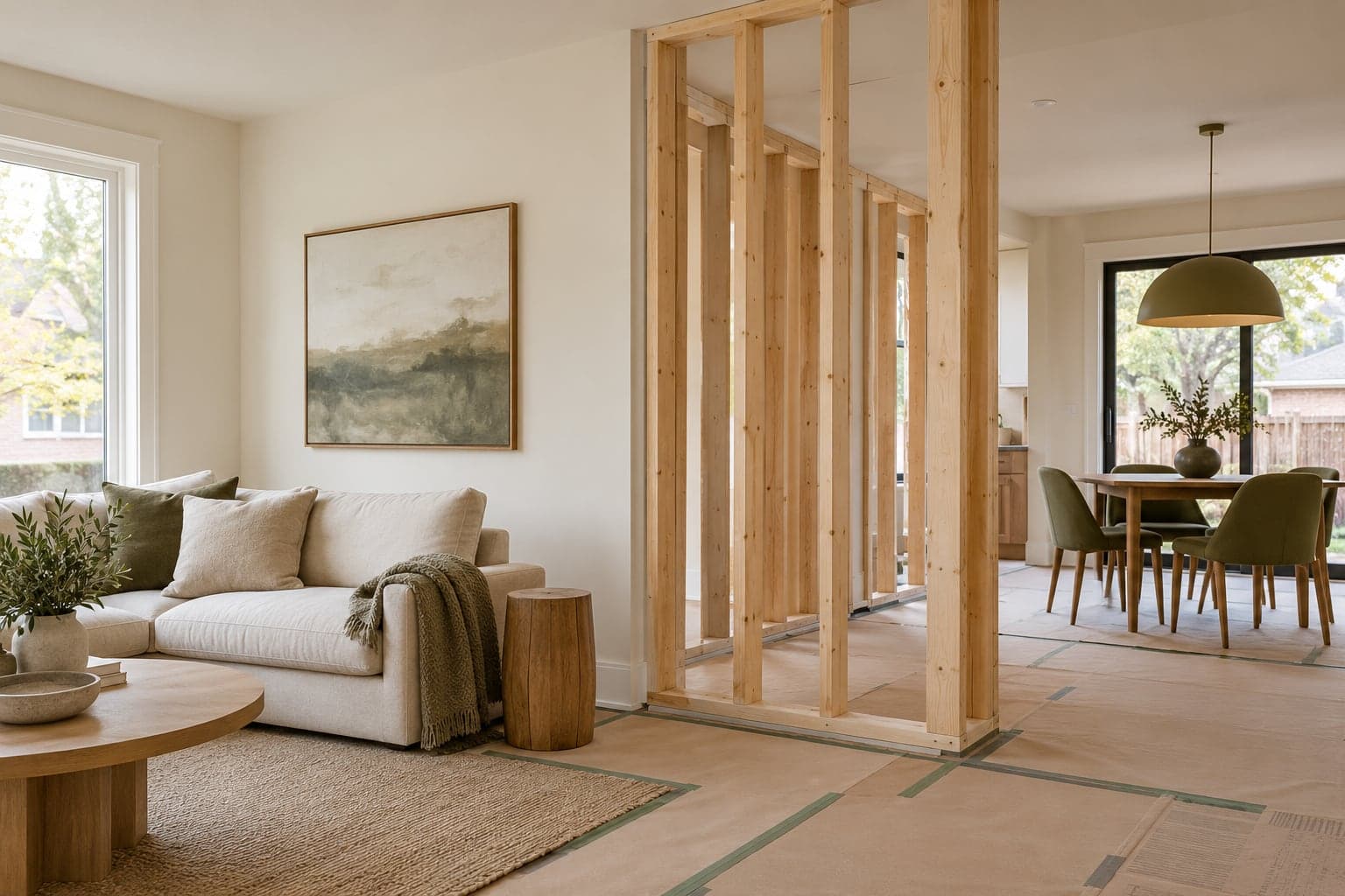 Renovation stages and inspection planning Tidy interior renovation with timber partition framing and protected flooring