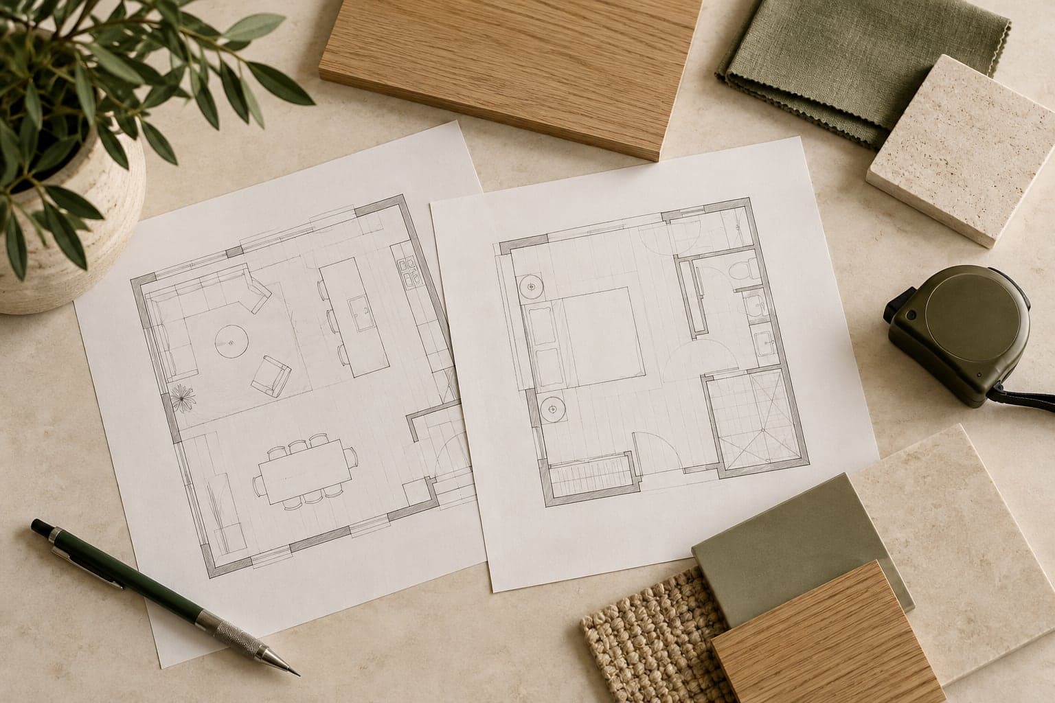 Kitchen and bathroom layout review Unlabelled kitchen and bathroom room outlines with a pencil and tape measure