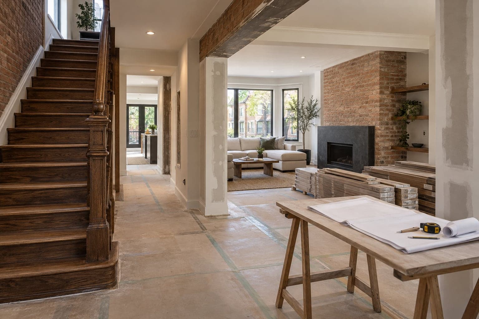 House renovation with a retained staircase, flooring materials and plan sheets