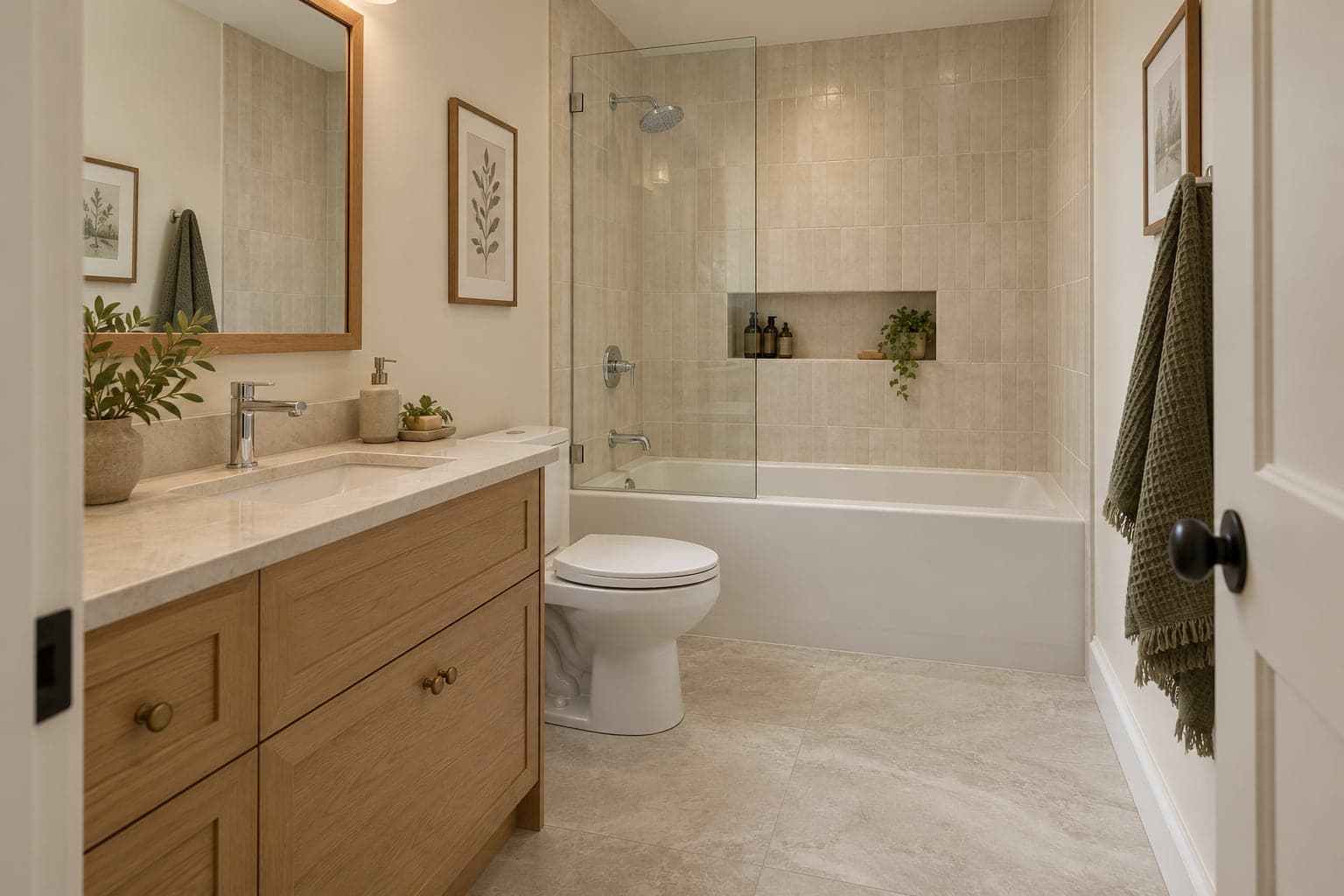 Small bathroom with an oak vanity, toilet and alcove bath in a compact layout