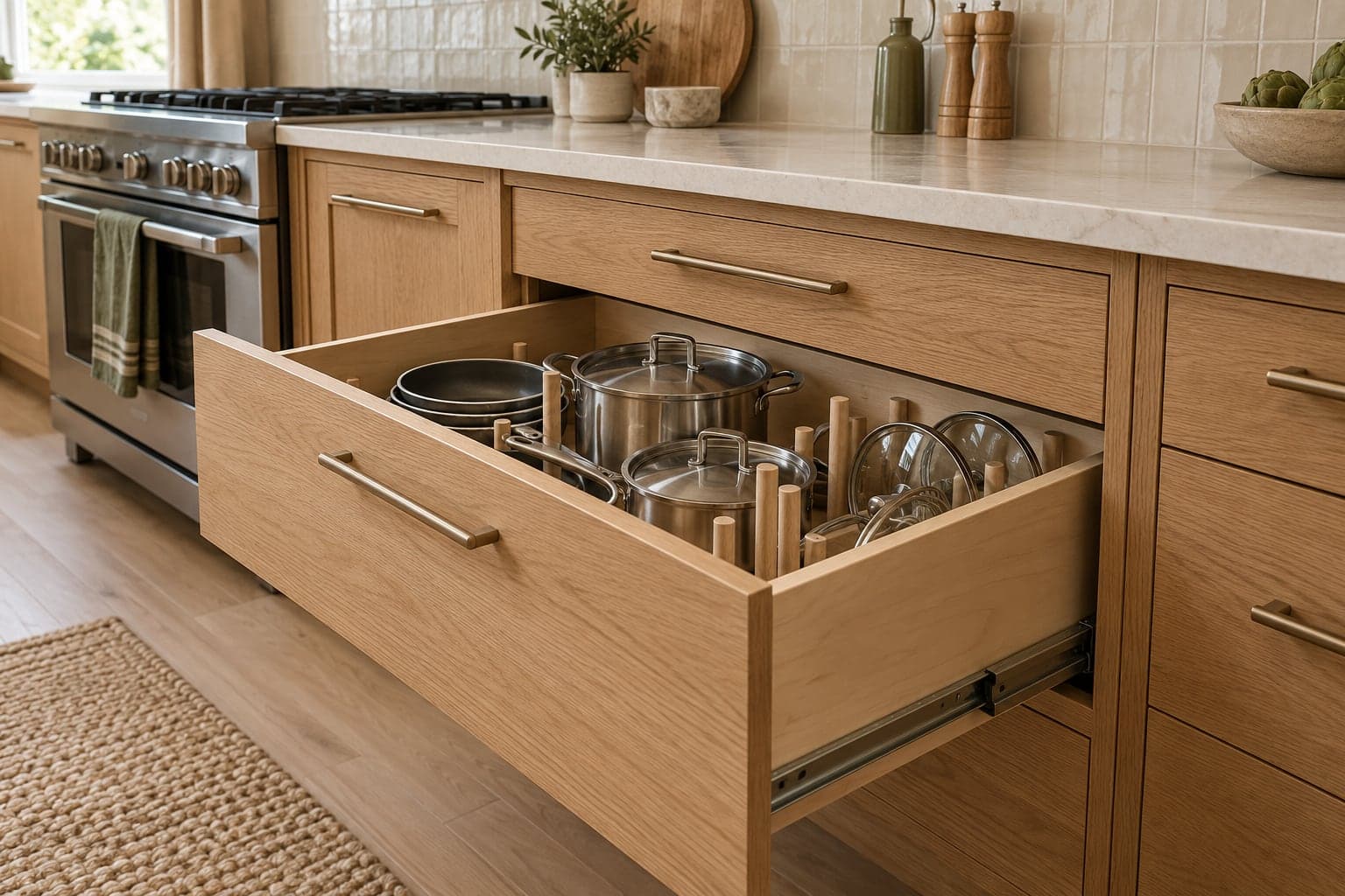 Accessible cookware storage Open oak kitchen drawer holding saucepans, frying pans and upright lids