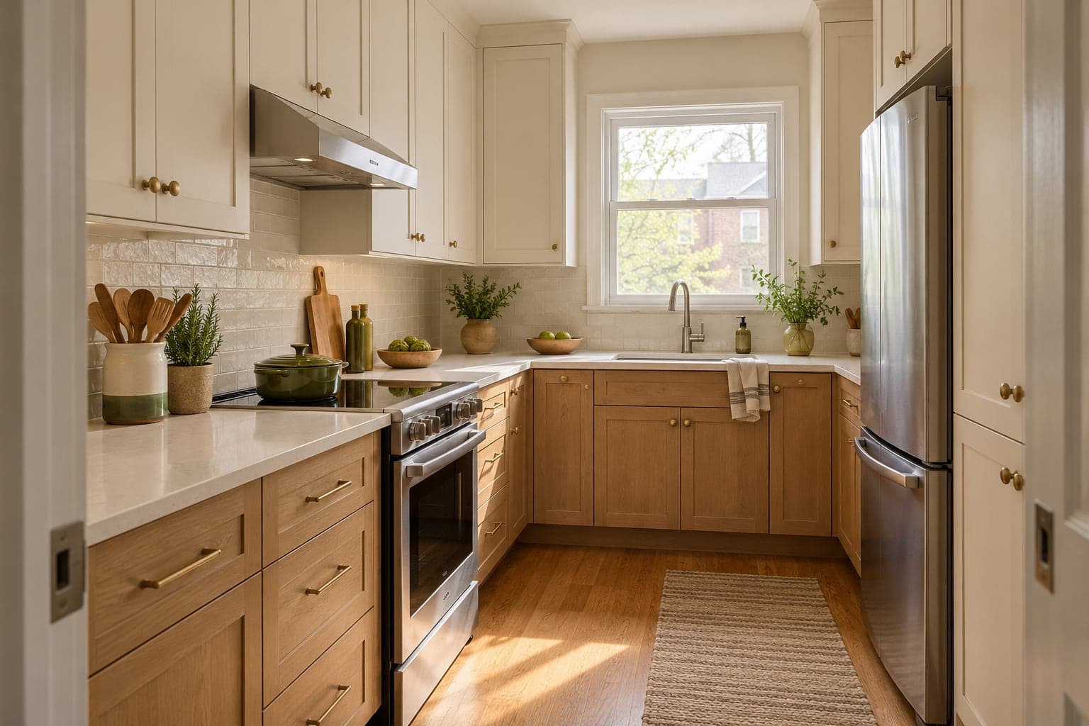 Compact kitchen with cream upper cabinets, oak drawers and a clear central walkway