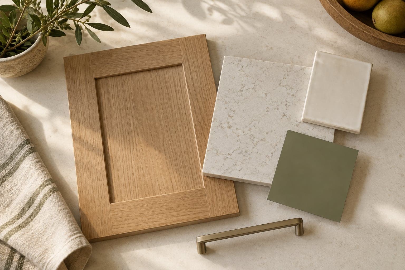 Small kitchen material palette Oak cabinet sample beside cream tile, pale quartz, olive paint and a metal handle