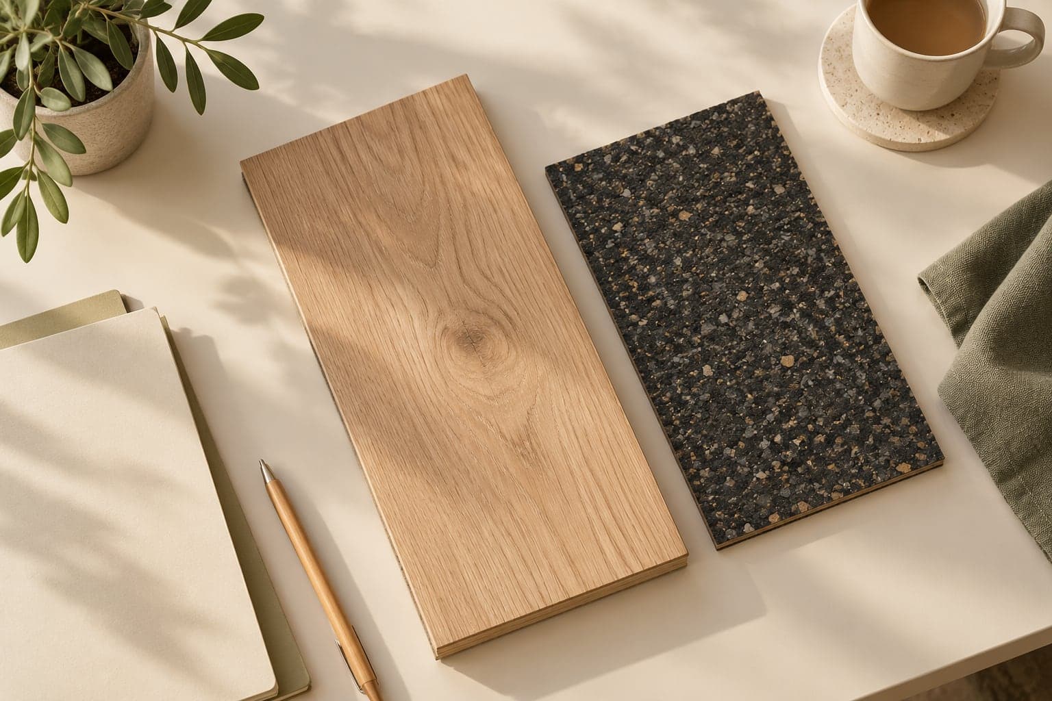 Flooring and underlay samples Oak floorboards beside a dark acoustic underlay sample on a table