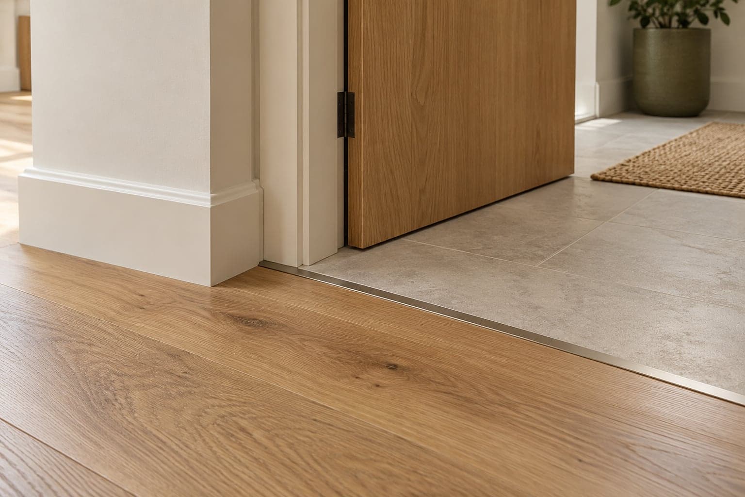 Condo flooring transitions Oak floor meeting a pale tiled entrance beside cream skirting