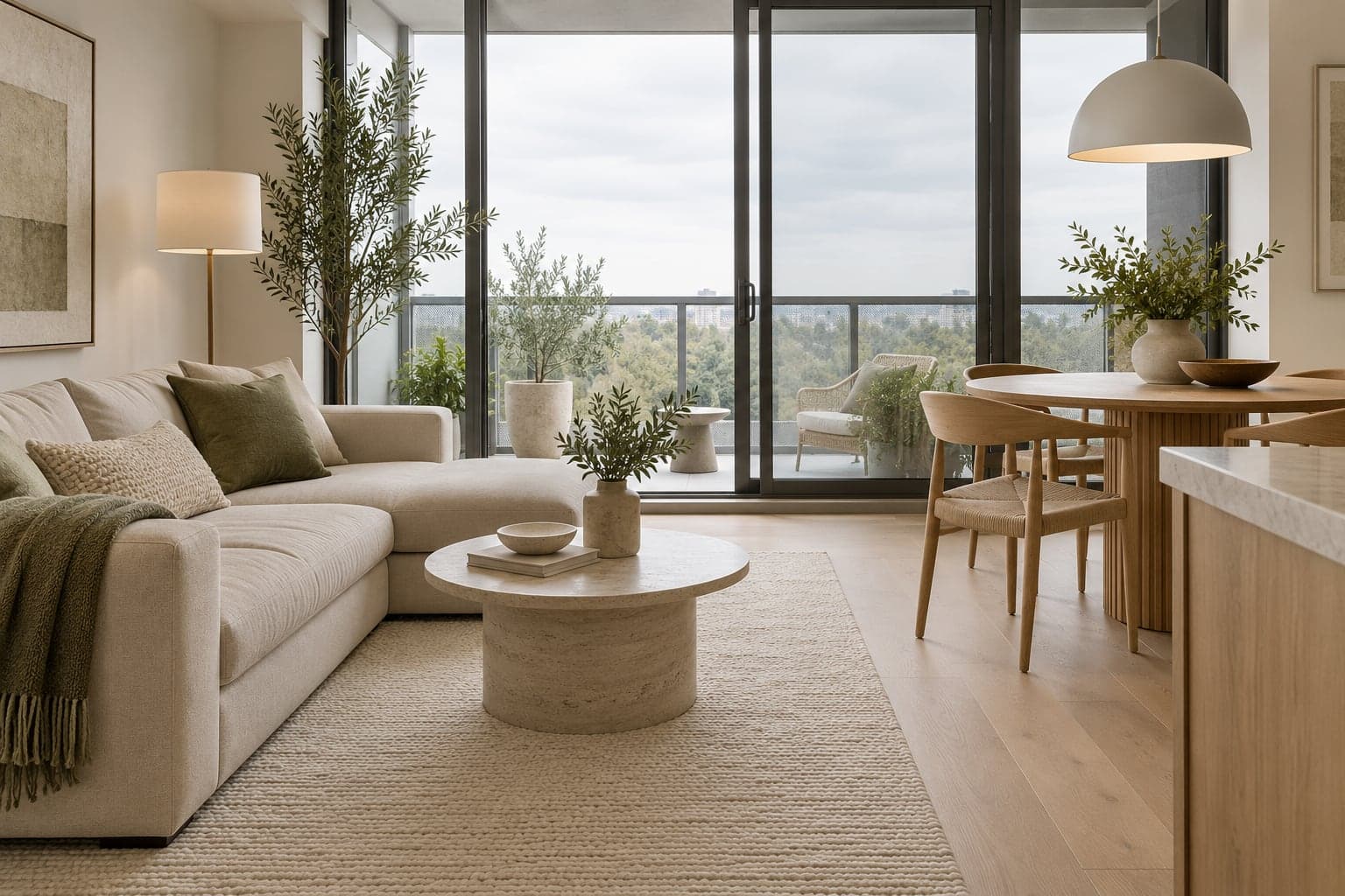 Oak floor in a condo living room with cream seating and balcony glazing