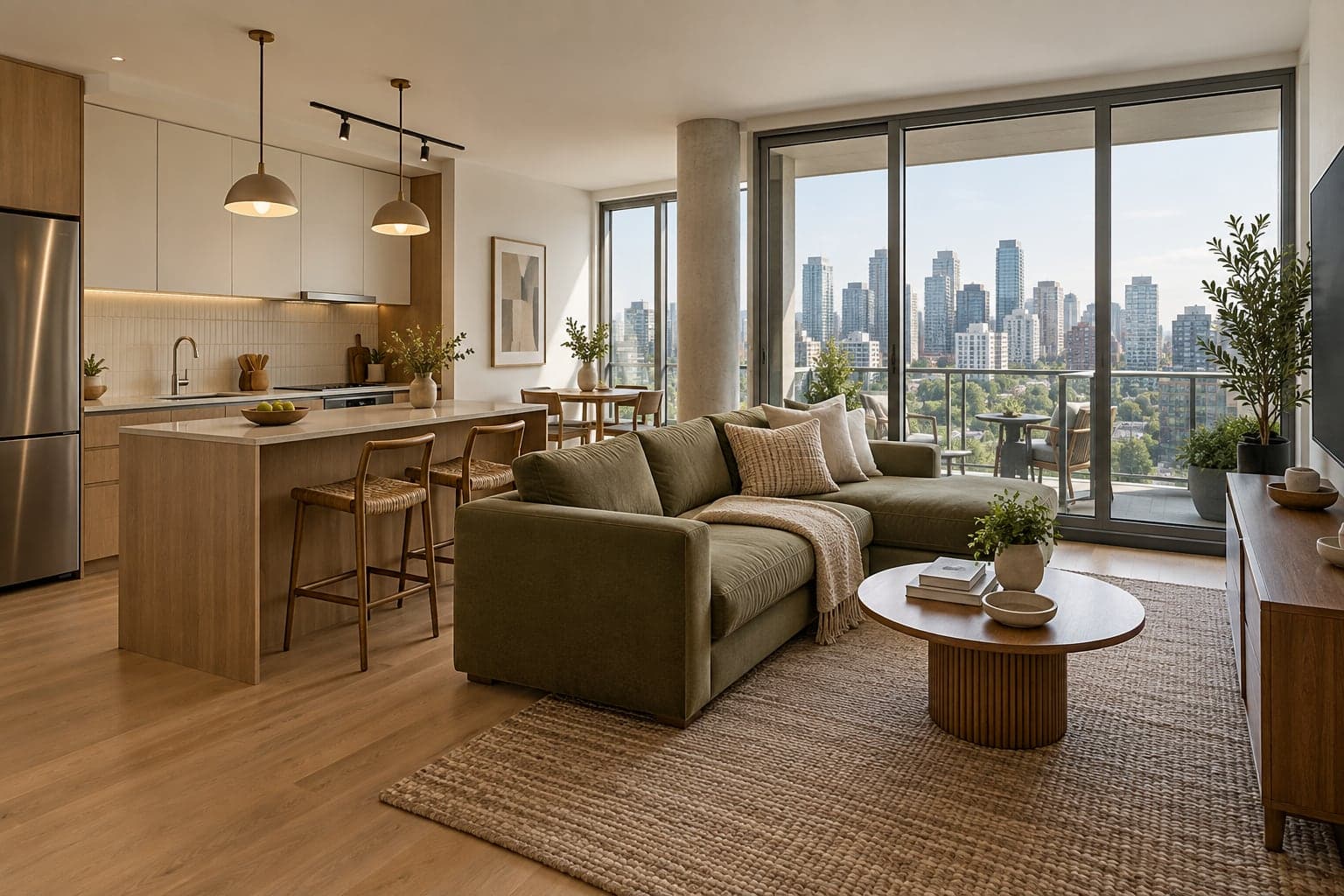 Compact condo kitchen and living area with balcony glazing