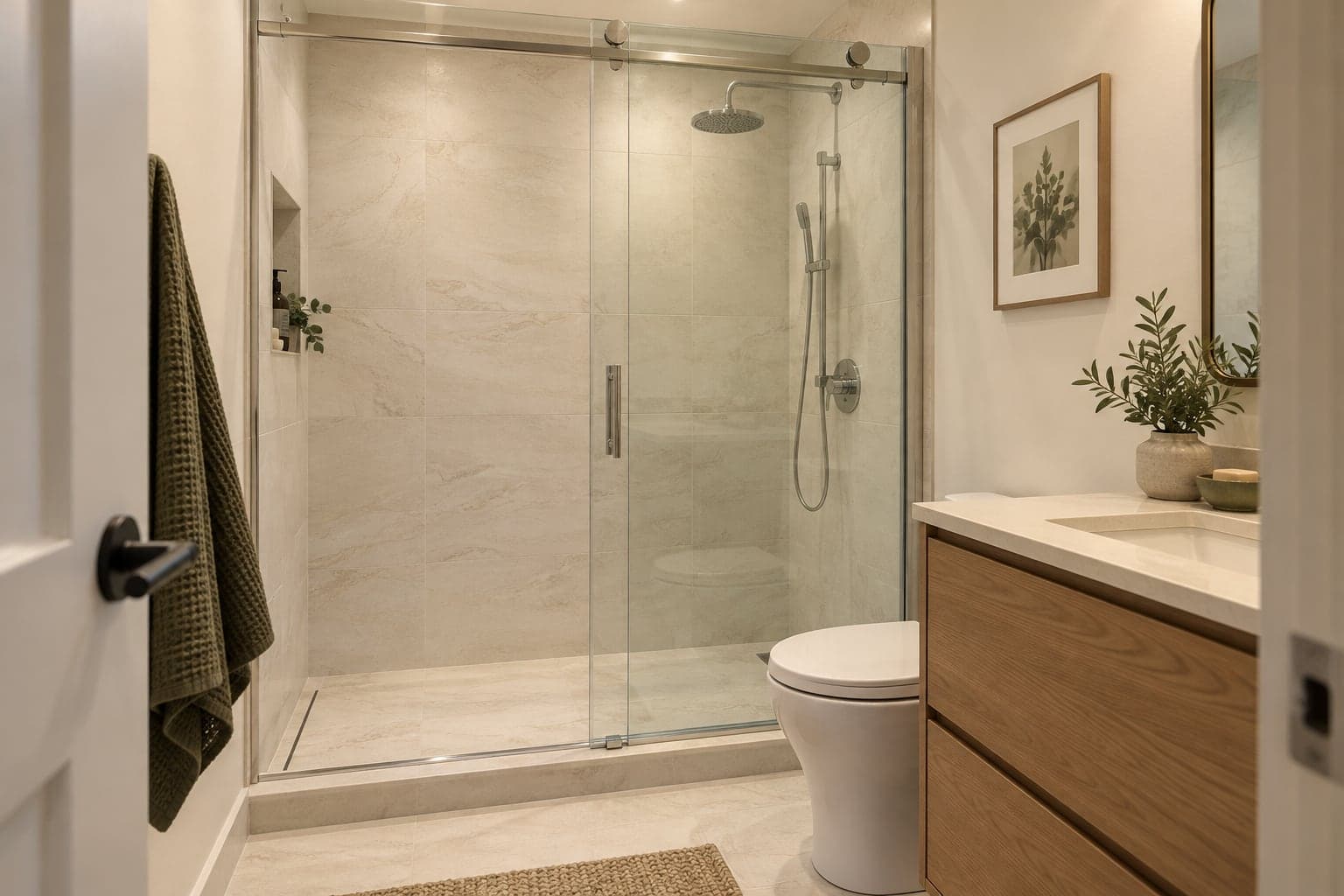 Glass shower enclosure with a low curb and cream tile beside an oak vanity