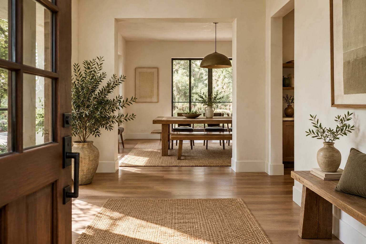 Home entrance with a bench and dining area beyond
