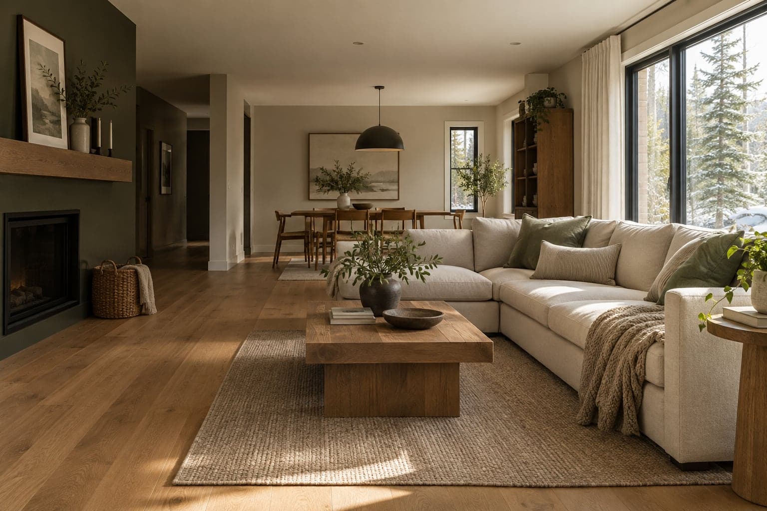 Renovated living room with cream seating, oak floors and a dining area