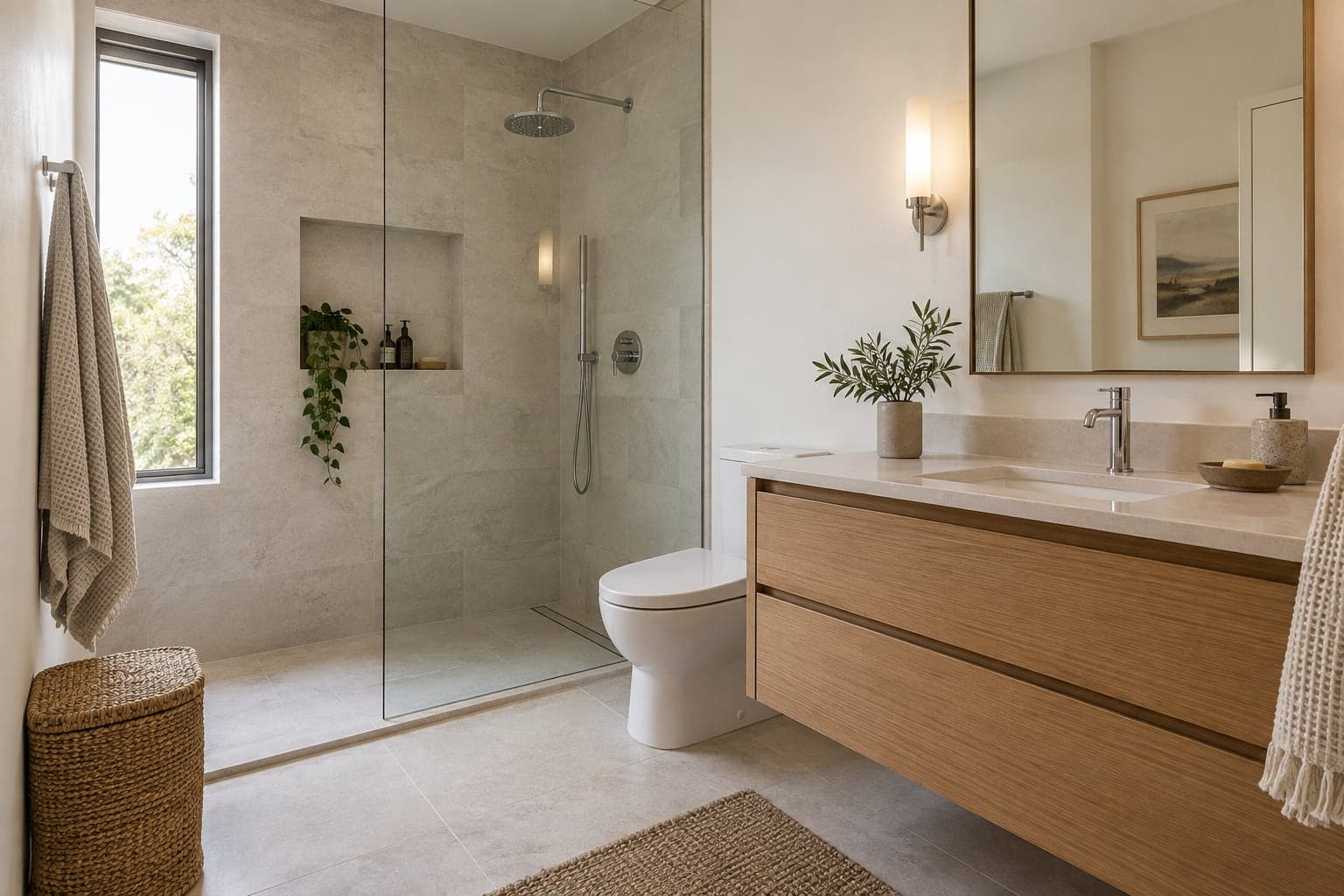 Bathroom with glass shower, stone tile and oak vanity