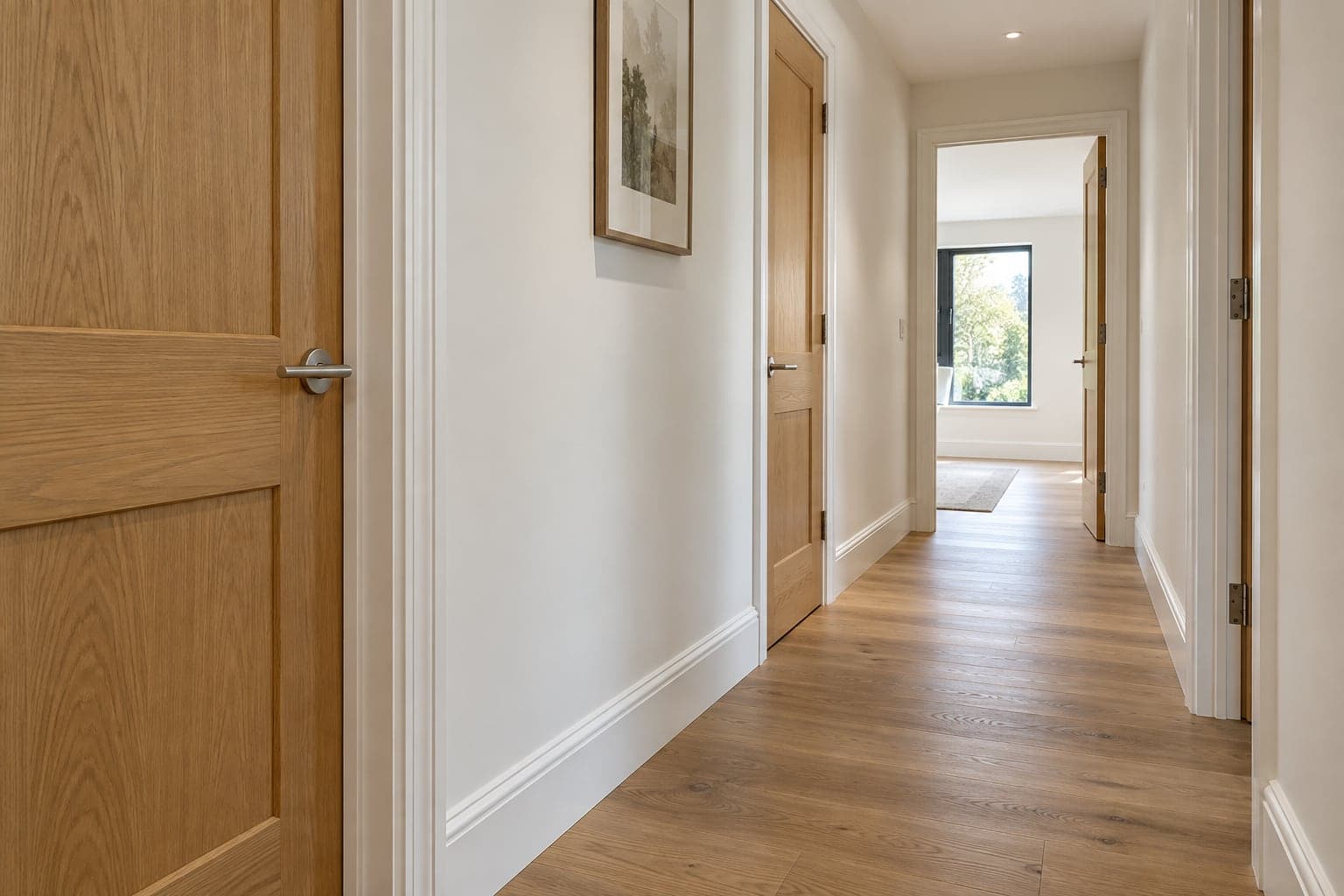 Painted hallway with fitted baseboards and oak interior doors