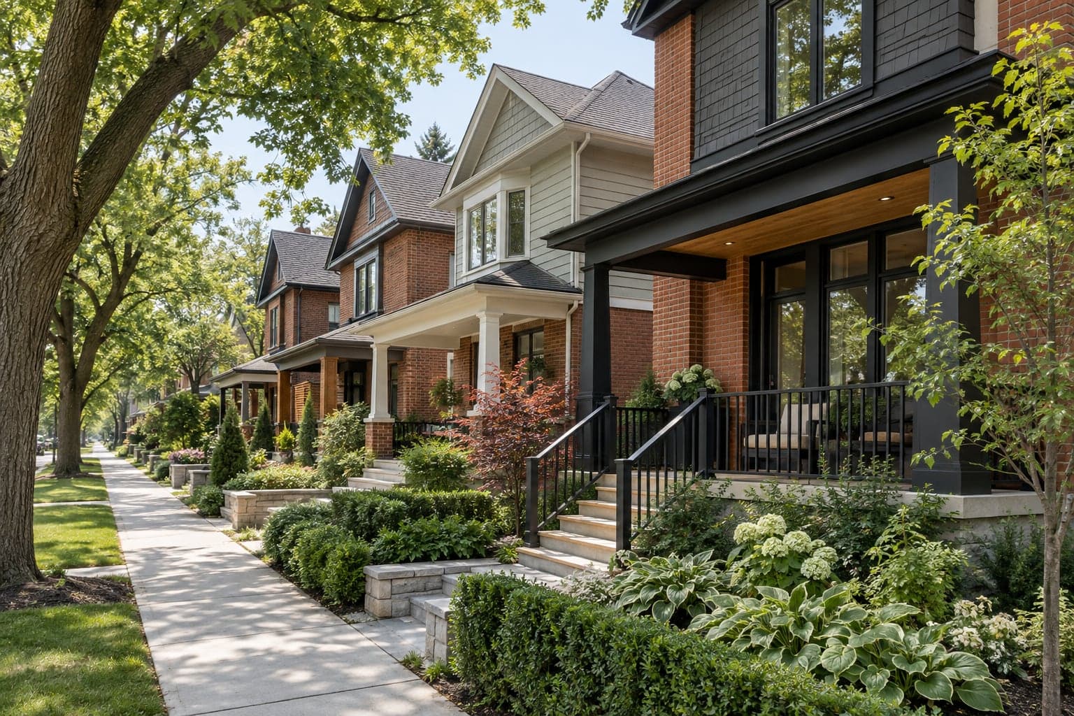 Concept Toronto streetscape with brick homes, porches and mature trees